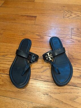 Tory Burch Black Leather Logo Thong Sandals with Gold Medallions